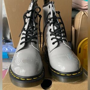 Gray Patent Leather Boots with Yellow Stitching
